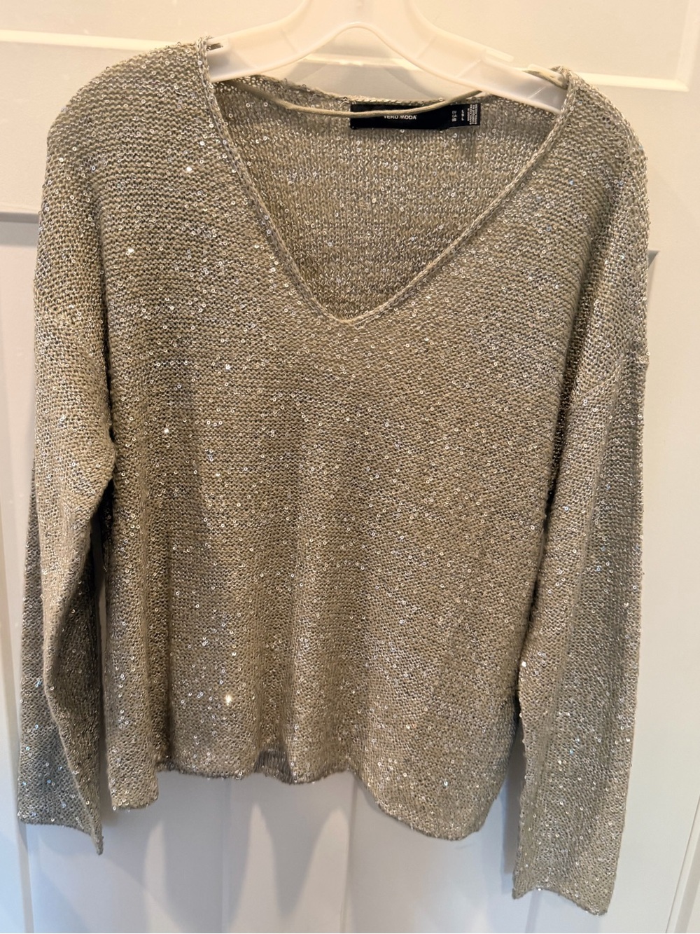 Vero Moda Sequin Knit V-Neck Pullover Sweater Champagne Taupe Sparkle Women's L
